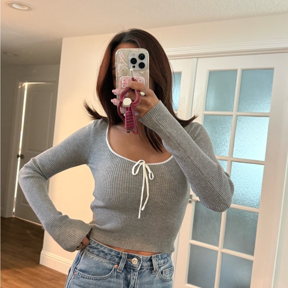 Gray Ribbed Knit Top with Tie Detail